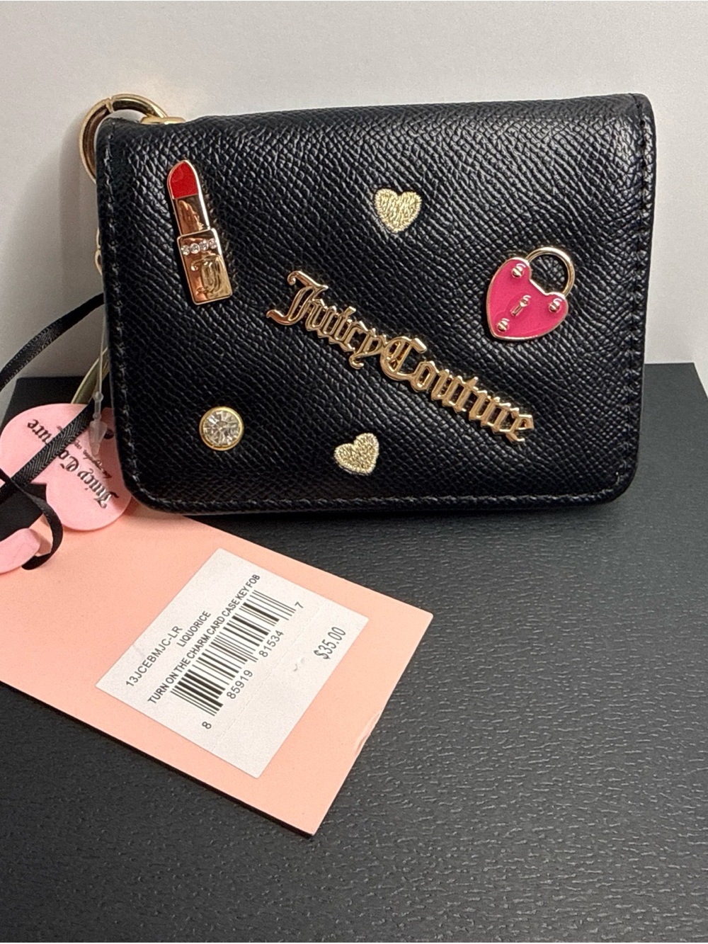 Juicy Couture Black Wallet with Gold Logo and Pink Heart Charm